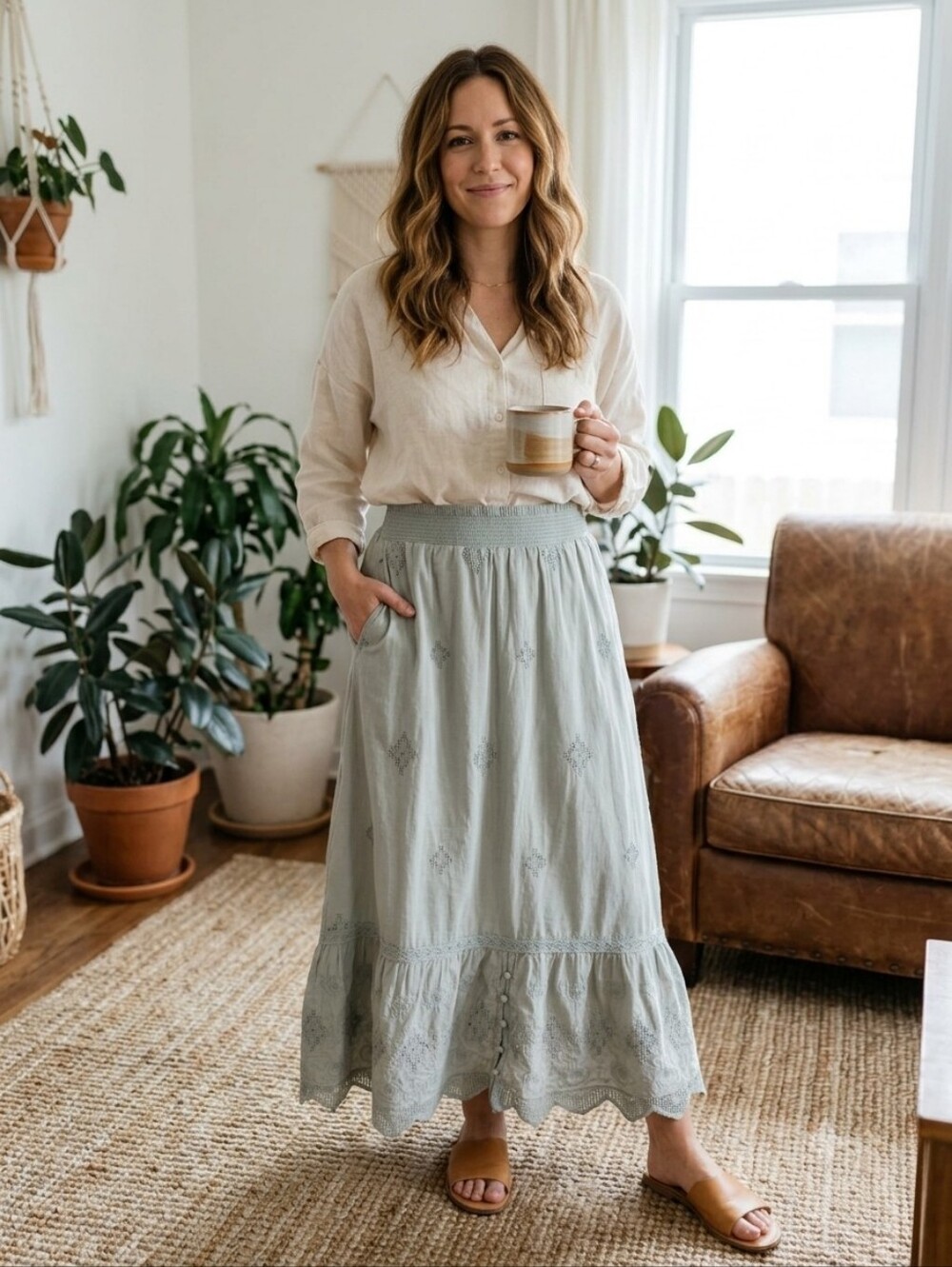 Soft Surroundings Boho-Style Embroidered Cotton Maxi Skirt Tall Small
